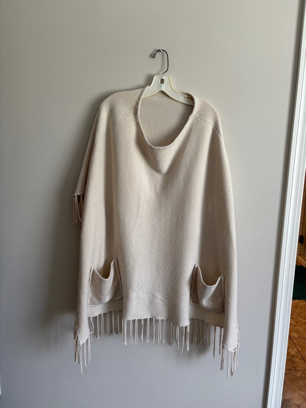 Cream Fringe Pocket Sweater Poncho - Women's Cozy Knit